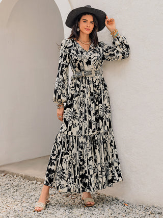 Vestido de manga comprida com decote em V e estampa smocked