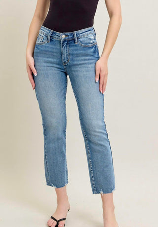 Judy Blue - Calça flare vintage wash destroy hem