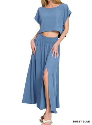 Zenana - Woven Crinkle Gauze Crop Tee And Skirt Set