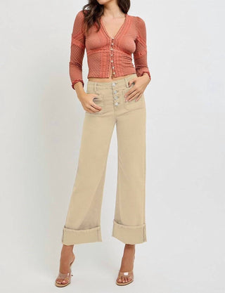 Risen - Calça Jeans Latte de Cintura Alta com Punho