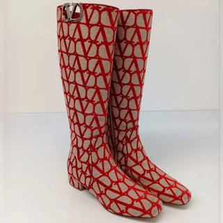 Valentino Garavani - Botas femininas Toile Iconographe Vlogo até o joelho