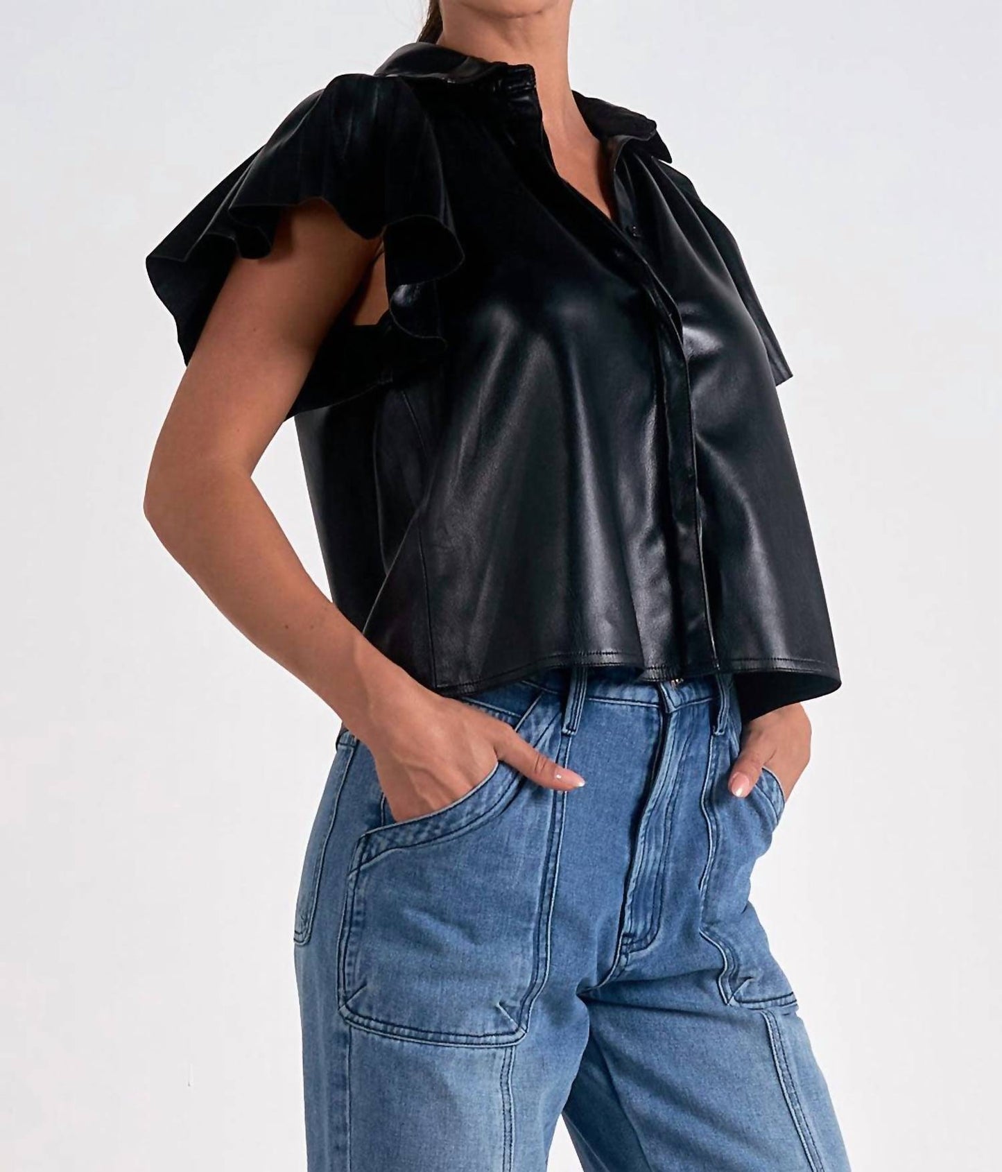 Elan - Leather Flutter Sleeve Top
