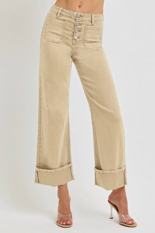 Risen - Calça Jeans Latte de Cintura Alta com Punho