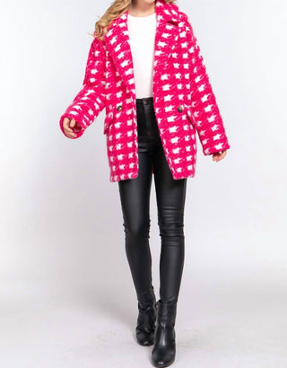 Active Usa - Double Breasted Check Print Boucle Fleece Coat