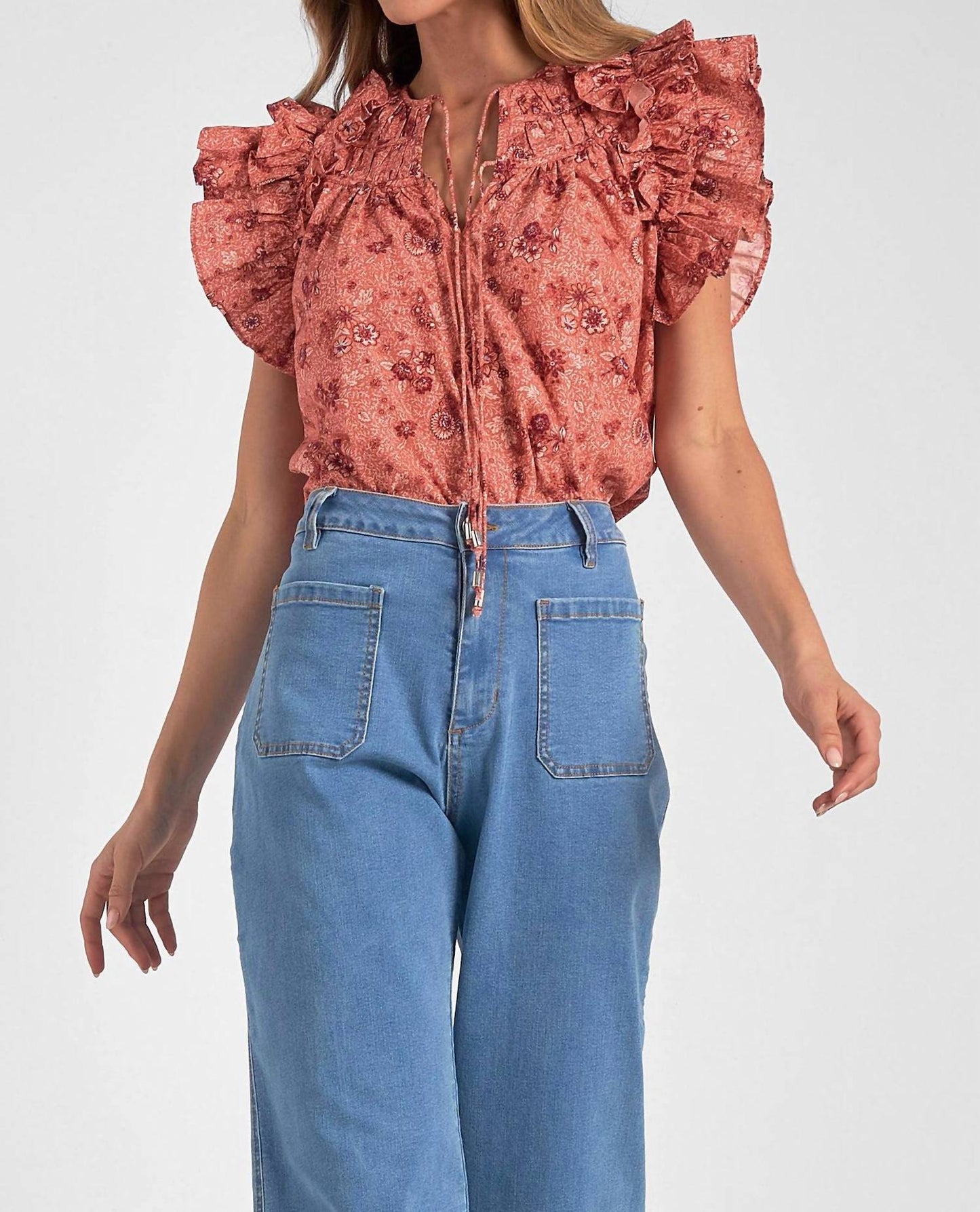Elan - Short Sleeve Tie Front Blouse