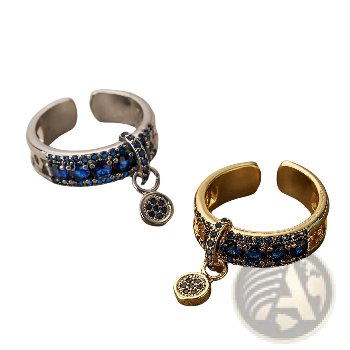 Adjustable Geometric Gold Open Ring with Blue Zircon Charms