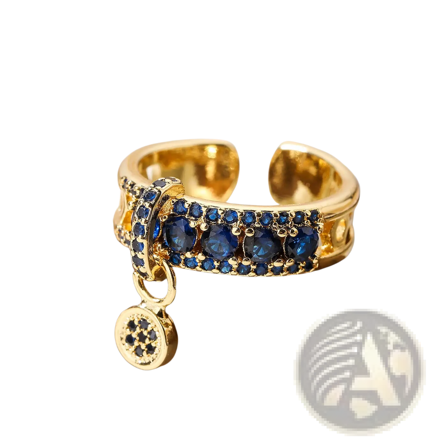 Adjustable Geometric Gold Open Ring with Blue Zircon Charms