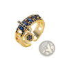 Adjustable Geometric Gold Open Ring with Blue Zircon Charms