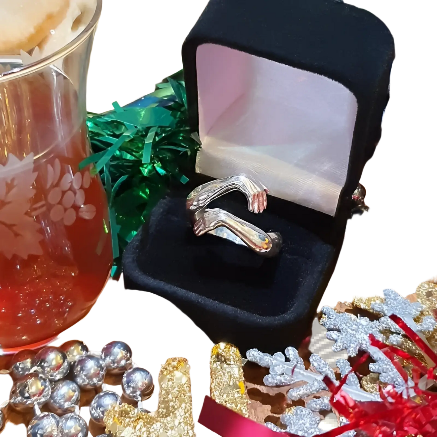 Adjustable Silver Hands Embracing Ring with Red Gemstone