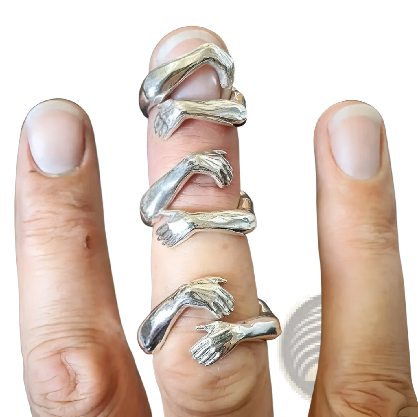 Adjustable Silver Hands Embracing Ring with Red Gemstone