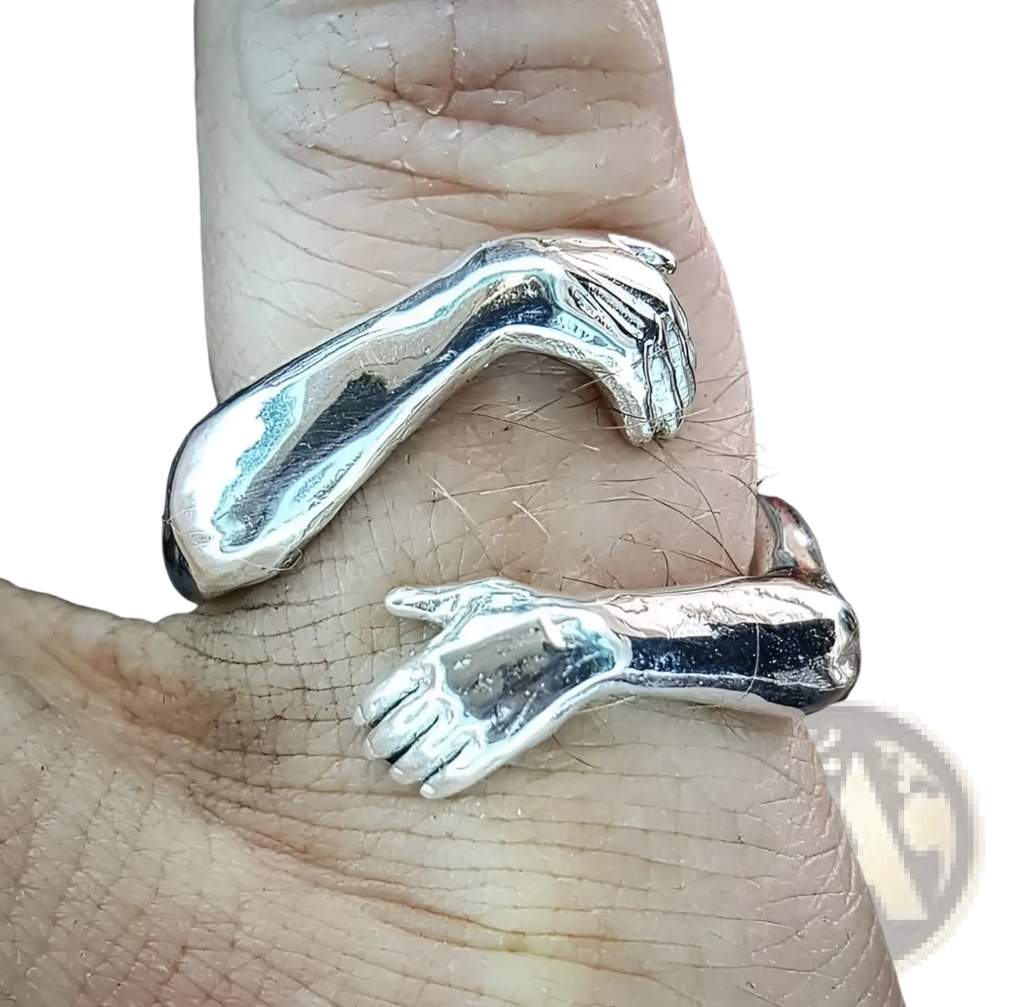 Adjustable Silver Hands Embracing Ring with Red Gemstone