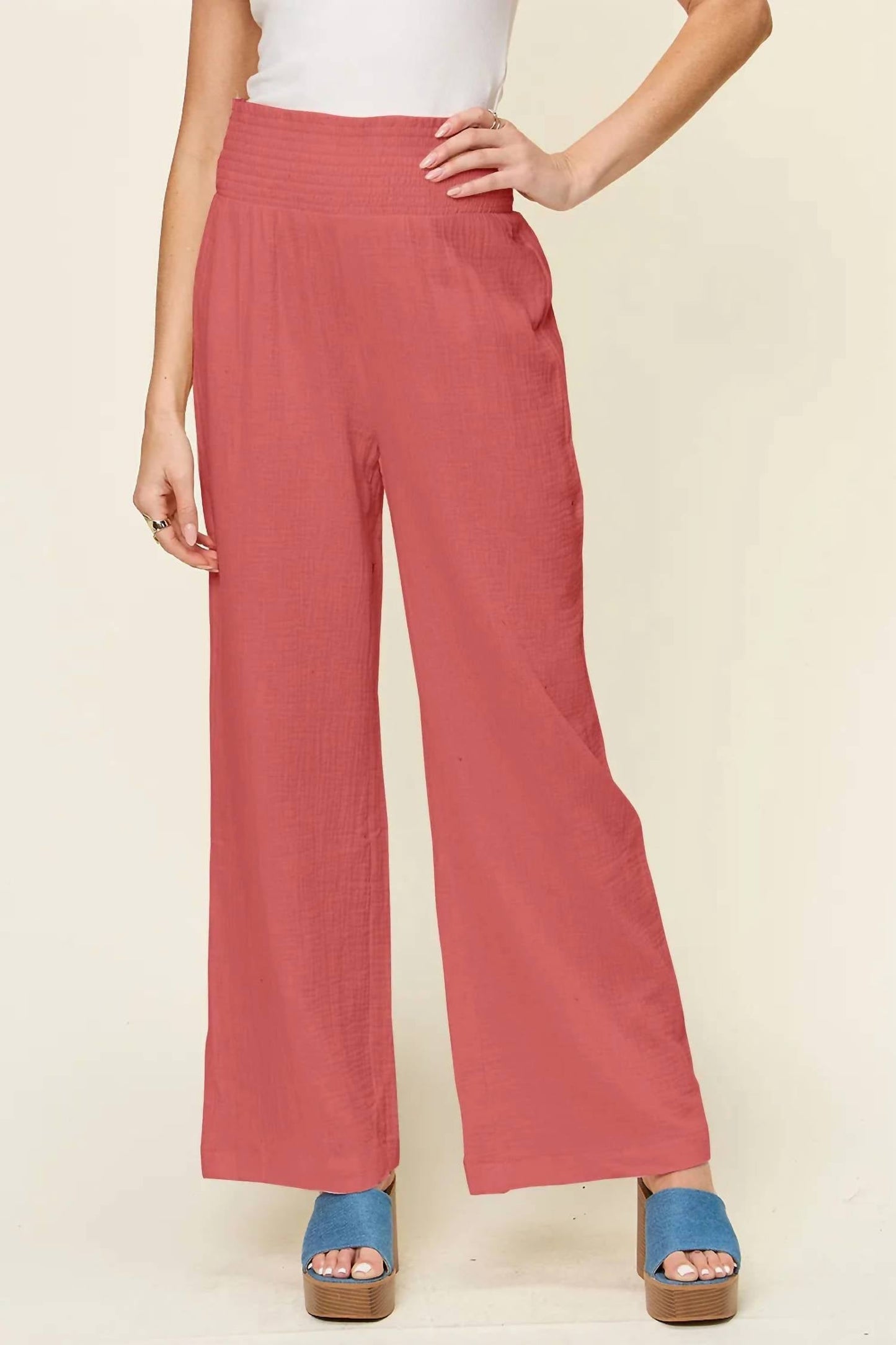 Double Take - Women's Full Size Texture Smocked Waist Wide Leg Pants