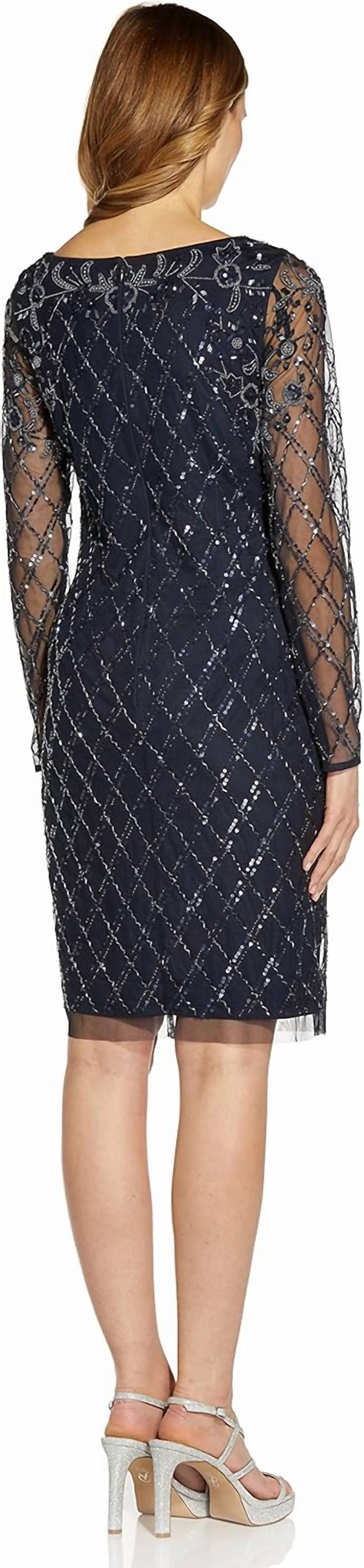 Adrianna Papell - Scoop Neck Long Sleeve Sequined Beaded Zipper Back Shift Mesh Dress