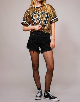 Azul B - Top curto universitário com lantejoulas para o dia do jogo