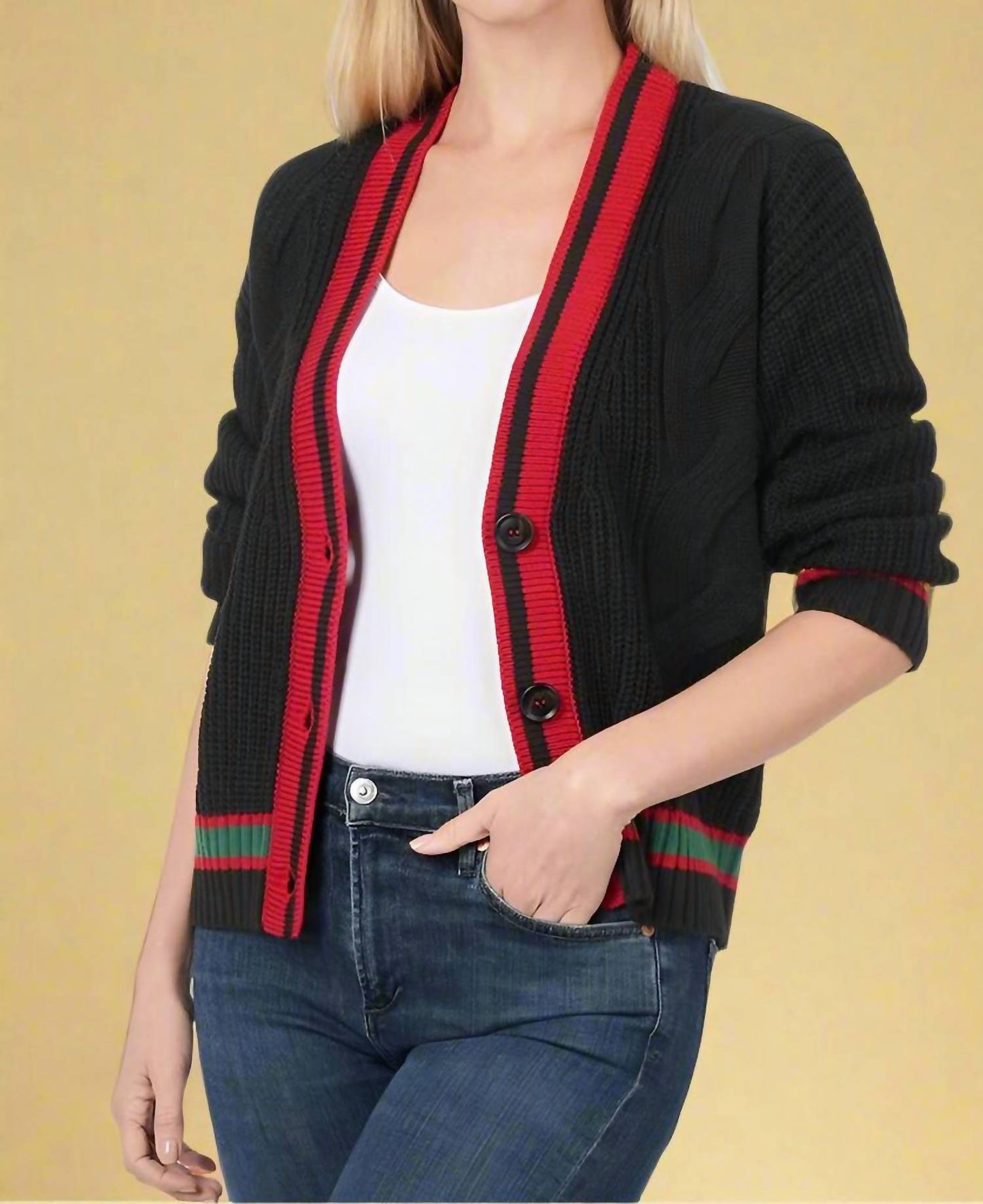 Zenana - Contrast Trim Cable Knit Cardigan