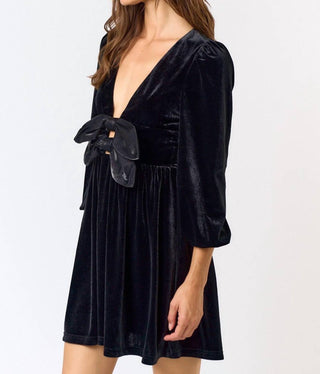 Lalavon - Velvet Bow Long Sleeve Mini Dress