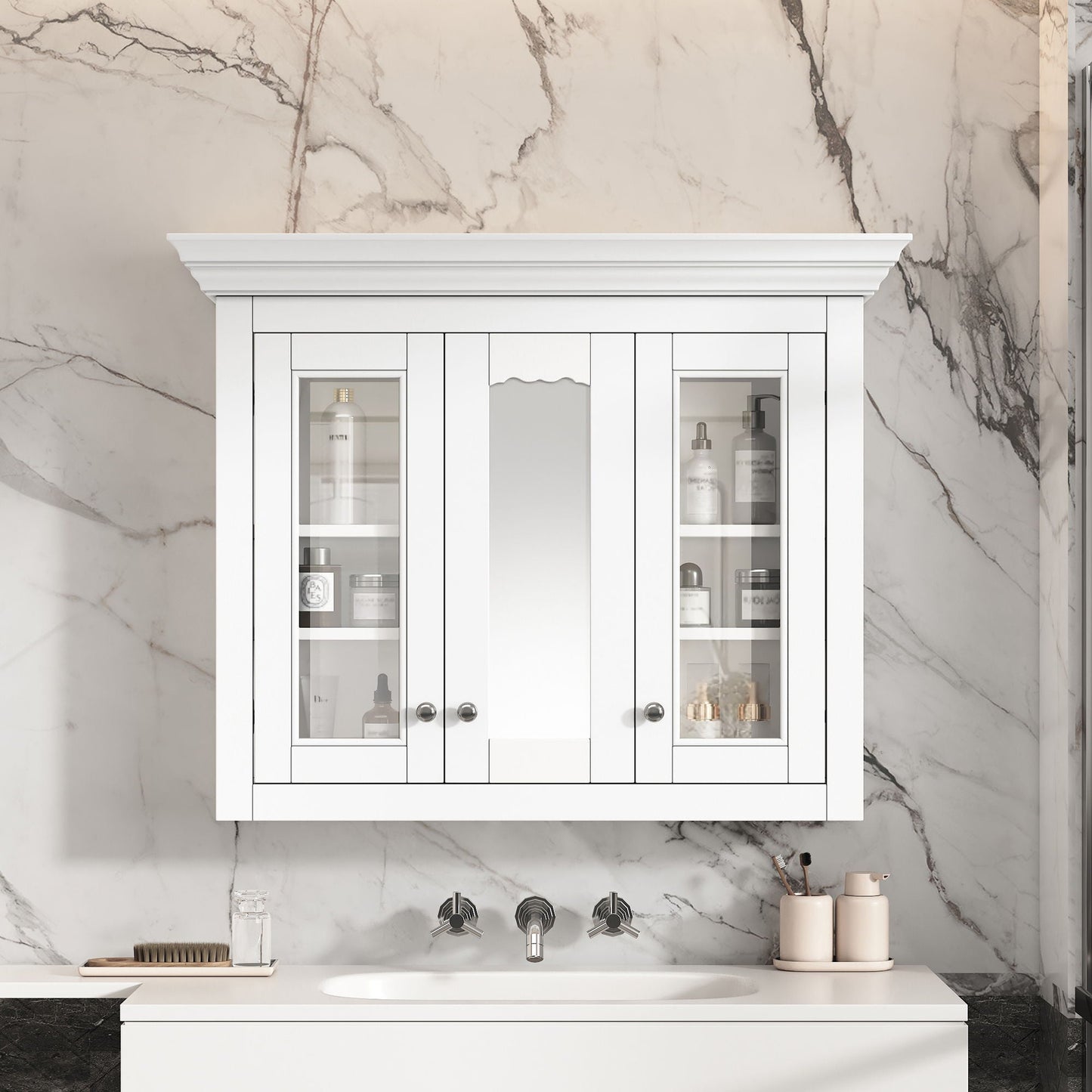 Bathroom Medicine Cabinet With Mirror, 5 Adjustable Closed Shelves, Wall-Mounted - White