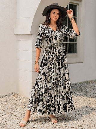 Vestido de manga comprida com decote em V e estampa smocked