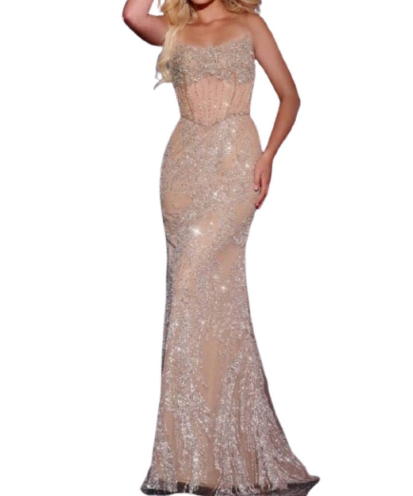 Jovani - Beaded Spaghetti Straps Gown
