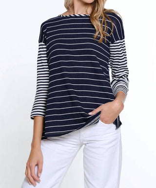 Multiples - 3/4 Sleeve Striped Laced Back Top