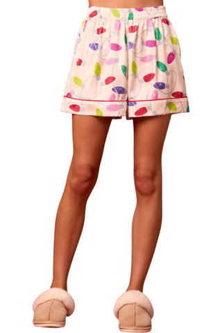 Peach Love - Conjunto de pijama com estampa de luzes de Natal em cetim