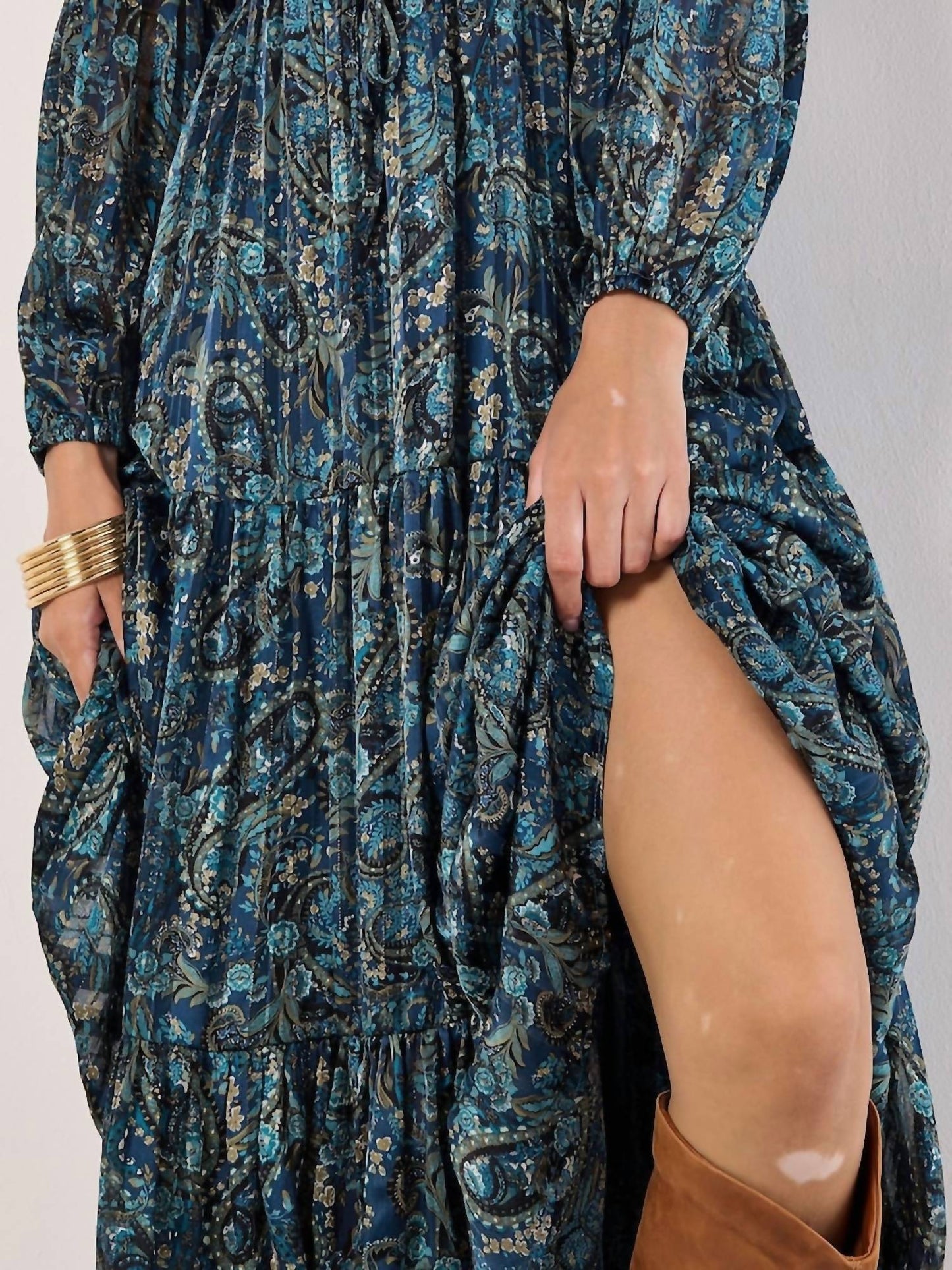 Apricot - Painterly Metallic Paisley Midaxi Dress