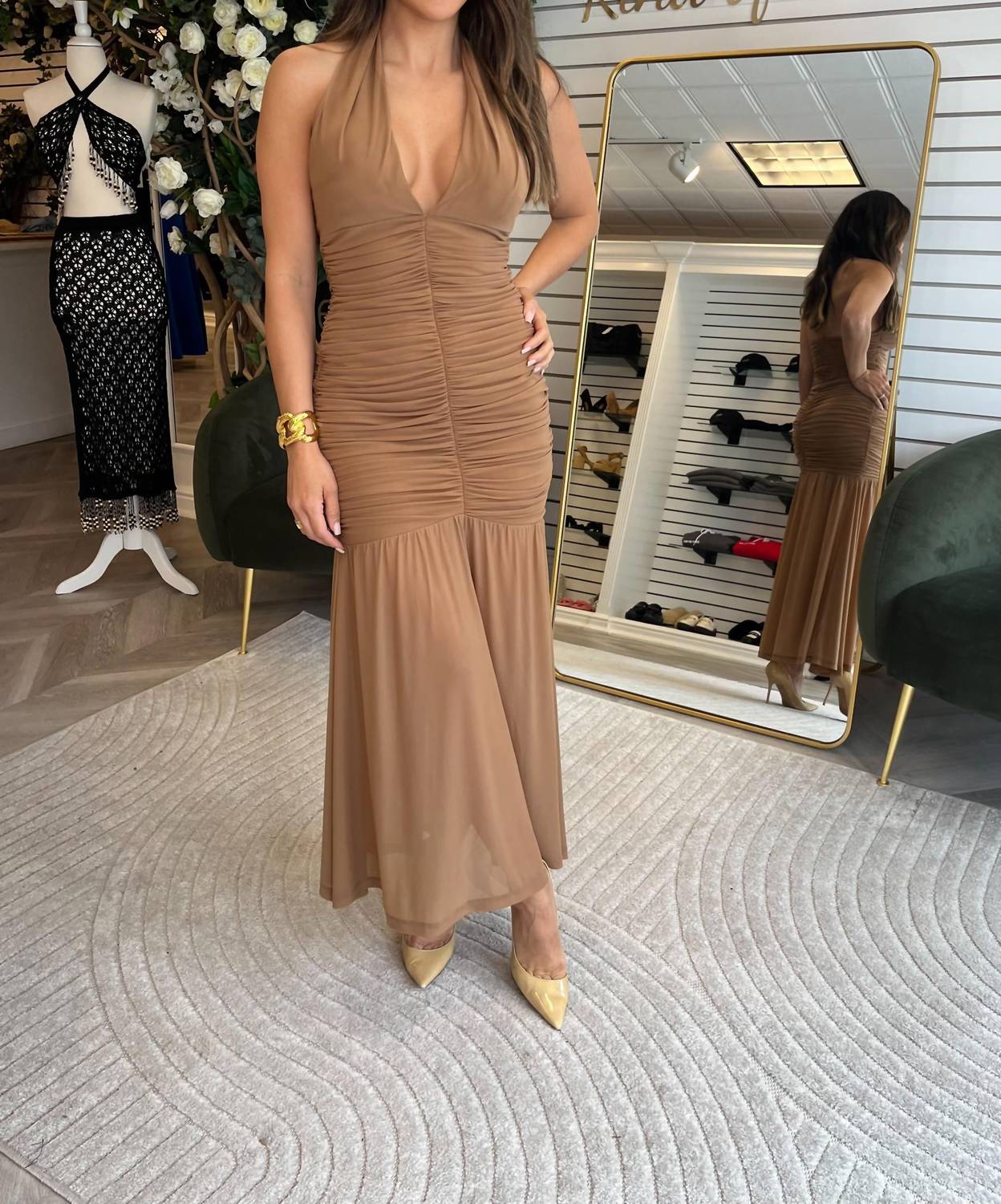 Bardot - Sephera Halter Mesh V-neck Midi Dress