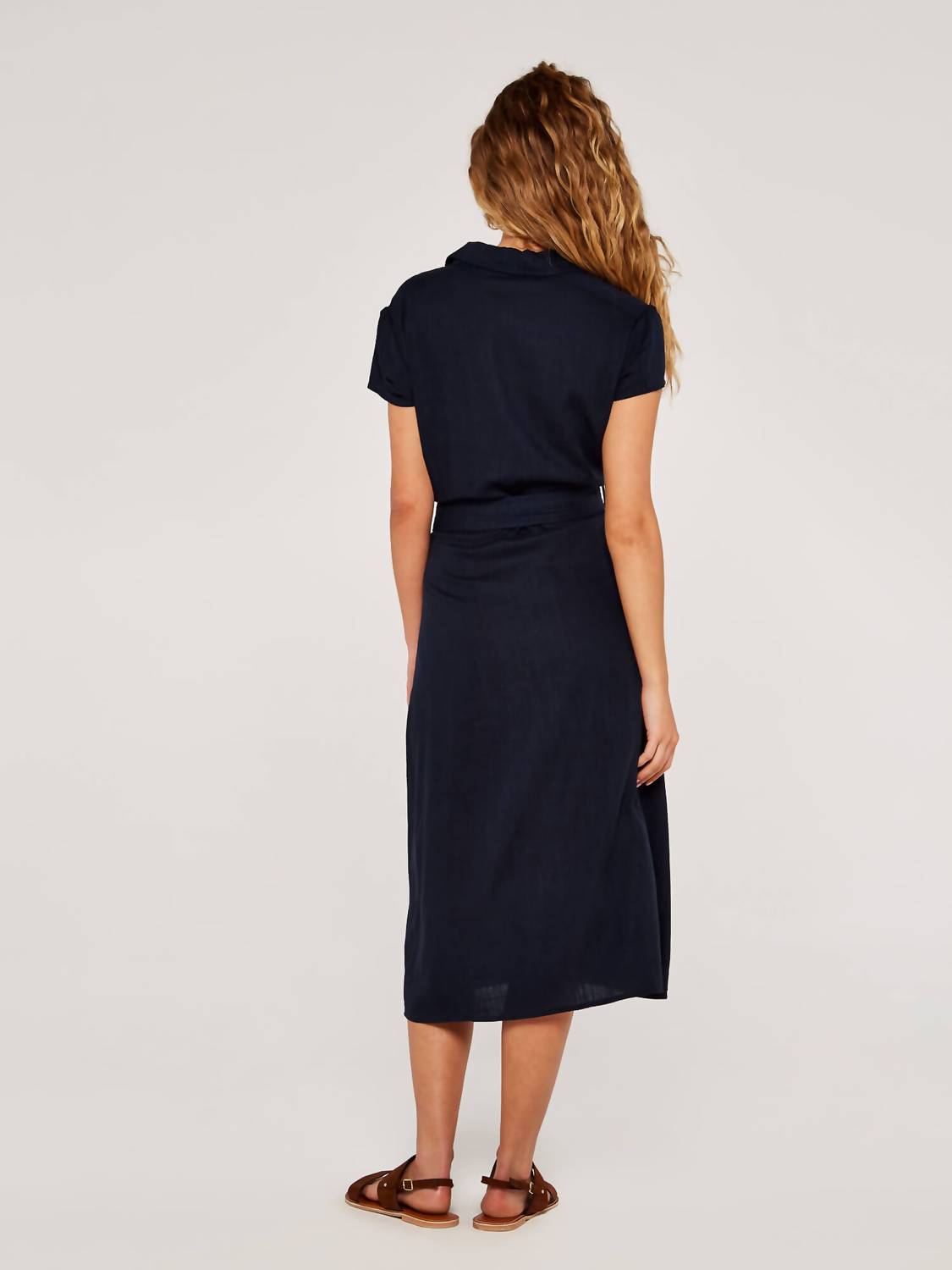 Apricot - Linen Blend Belted Shirt Midi Dress