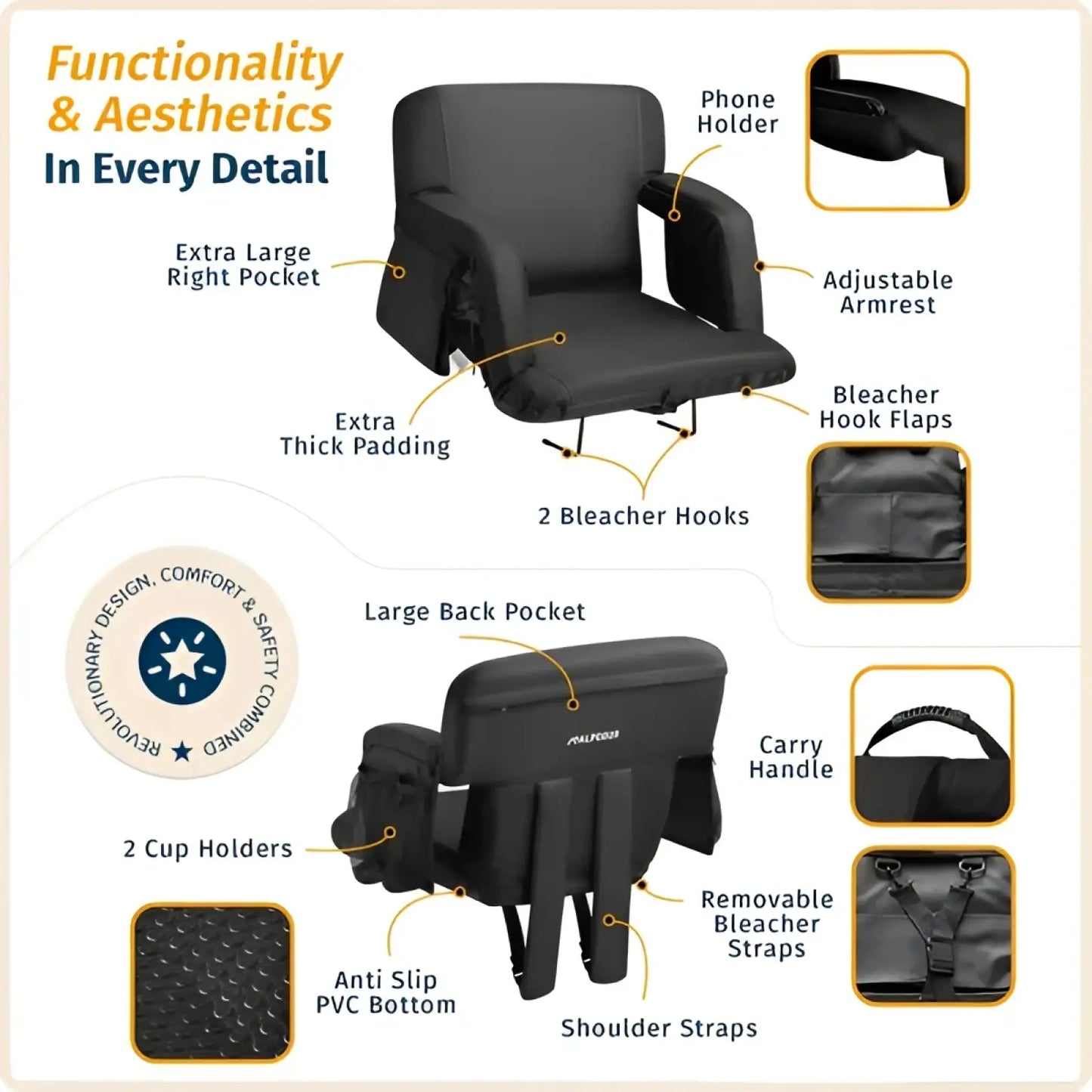 Alpcour Premium Reclining Stadium Seat with Armrests