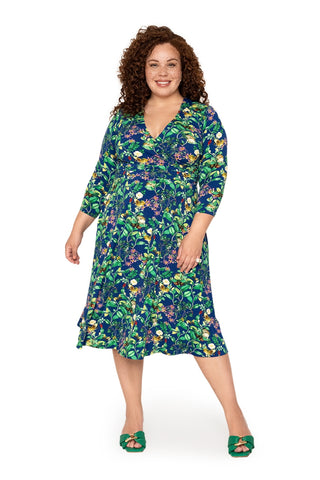 Leota's Curve Feminino Amiya Manga 3/4 Midi Borboleta Prado Azul Marinho