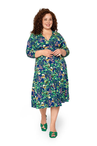 Leota's Curve Feminino Amiya Manga 3/4 Midi Borboleta Prado Azul Marinho
