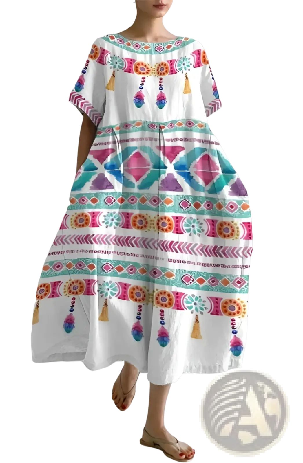 Artistic Printed Loose Linen Maxi Dress