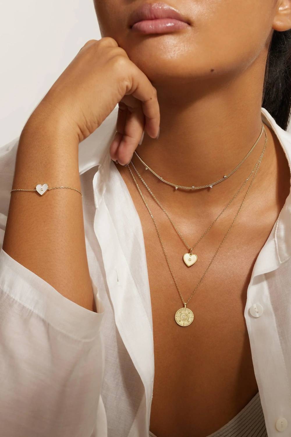 Eklexic - Women's Heart Shaped Mop Pendant With Cz Center Stone Bracelet