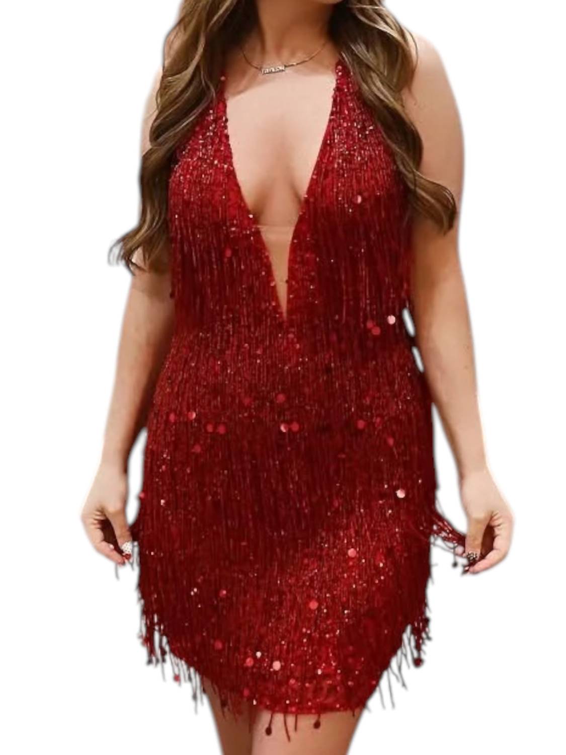Aleta - Plunging Neckline Fringe Dress