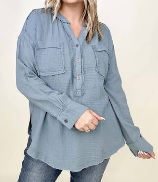 Zenana - Gauze Split Neck Button Front Top