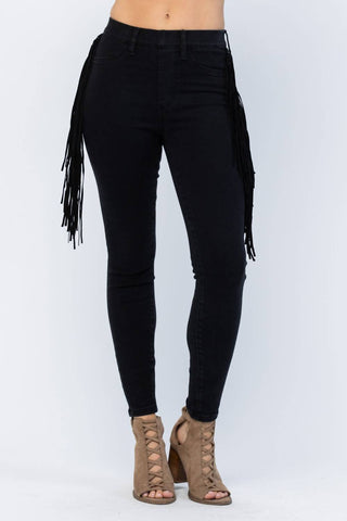 Judy Blue - Calça jeans skinny jegging com franjas laterais e cintura alta