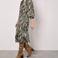 Apricot - Snakeskin Print Satin Shirt Midi Dress