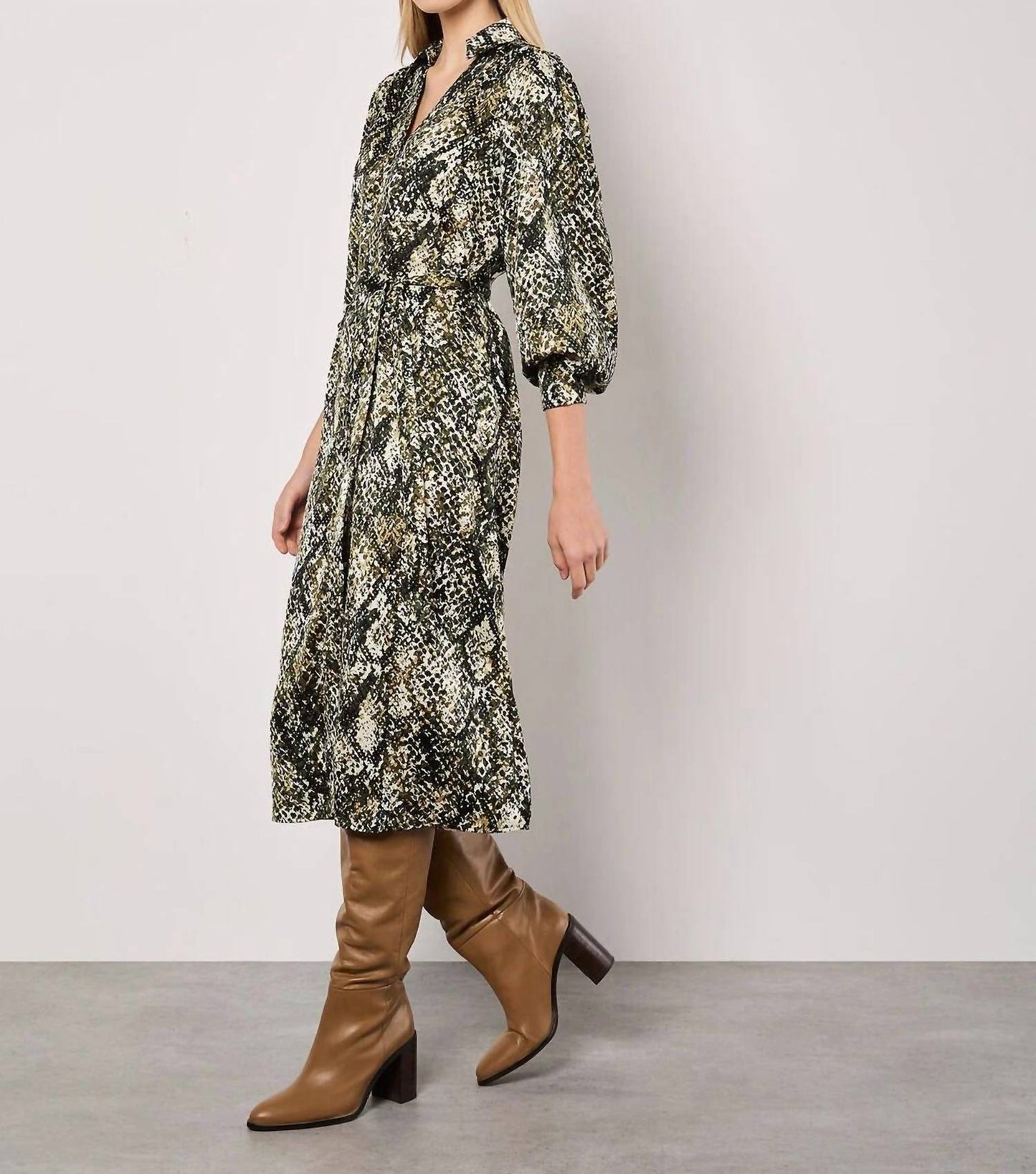Apricot - Snakeskin Print Satin Shirt Midi Dress