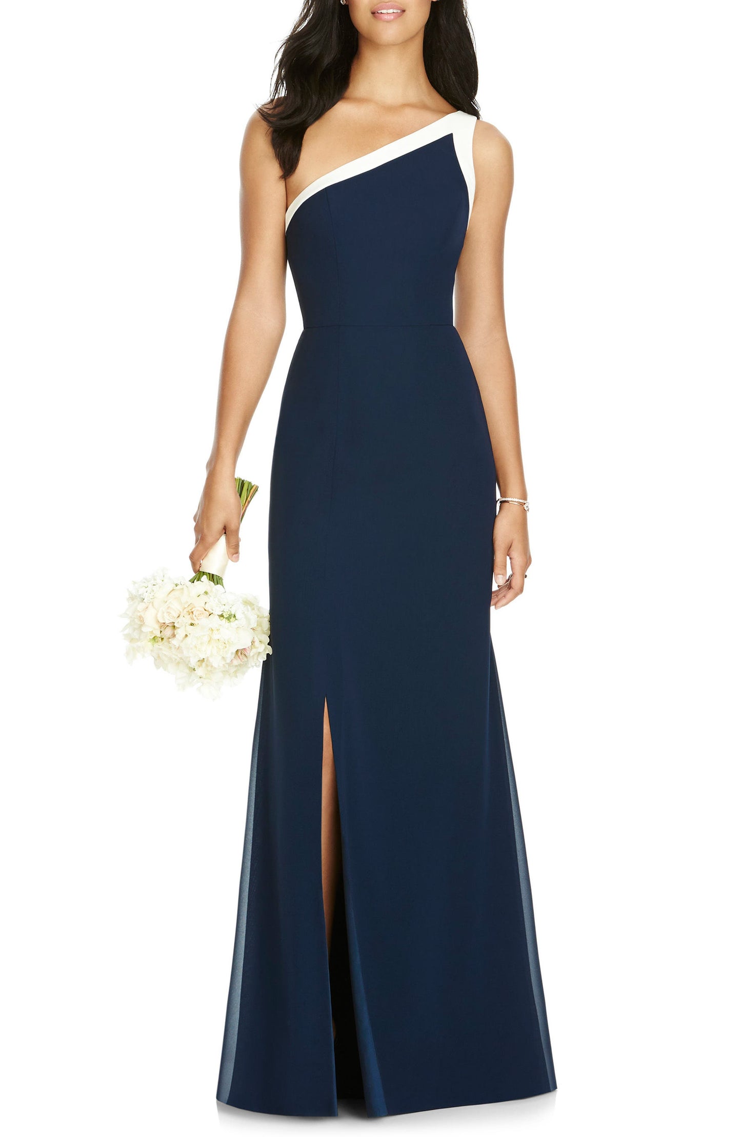 Social Bridesmaids One-Shoulder Chiffon Gown, Size 10 in Midnight