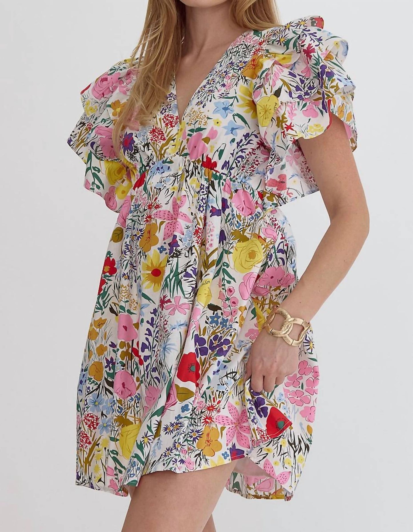 Entro - Colorful Floral Short Ruffle Dress