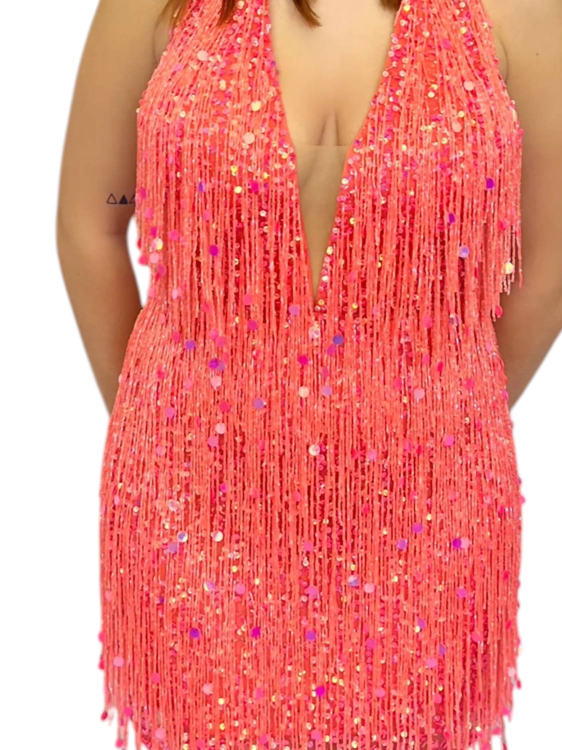 Aleta - Plunging Neckline Fringe Dress