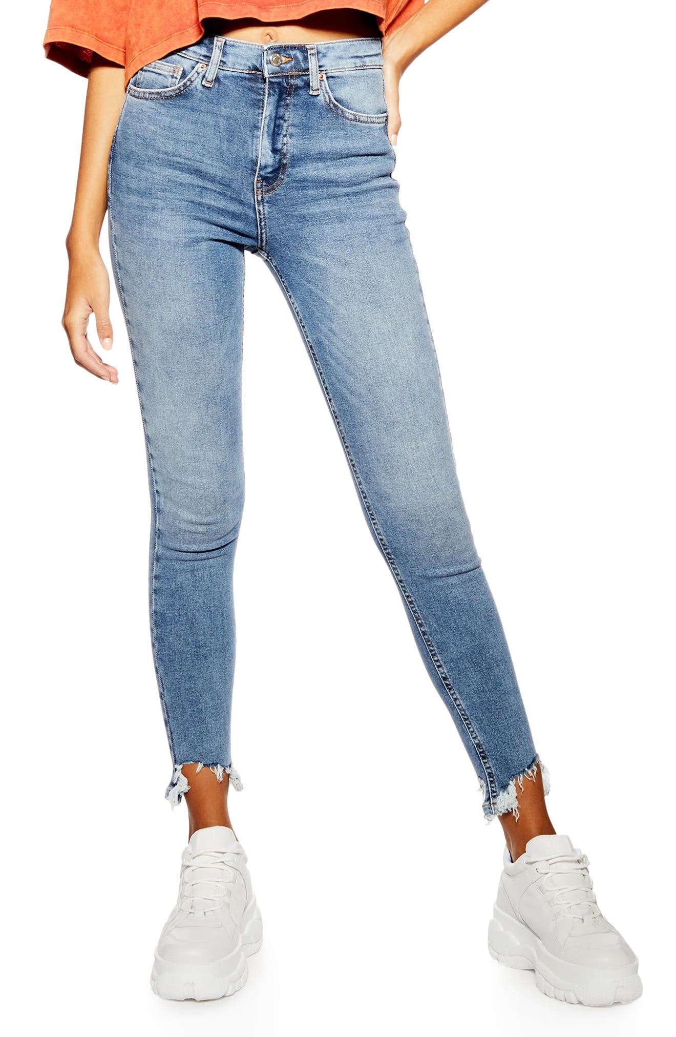 Women's Topshop Jamie Jagged Hem Jeans, Size 28 - Blue