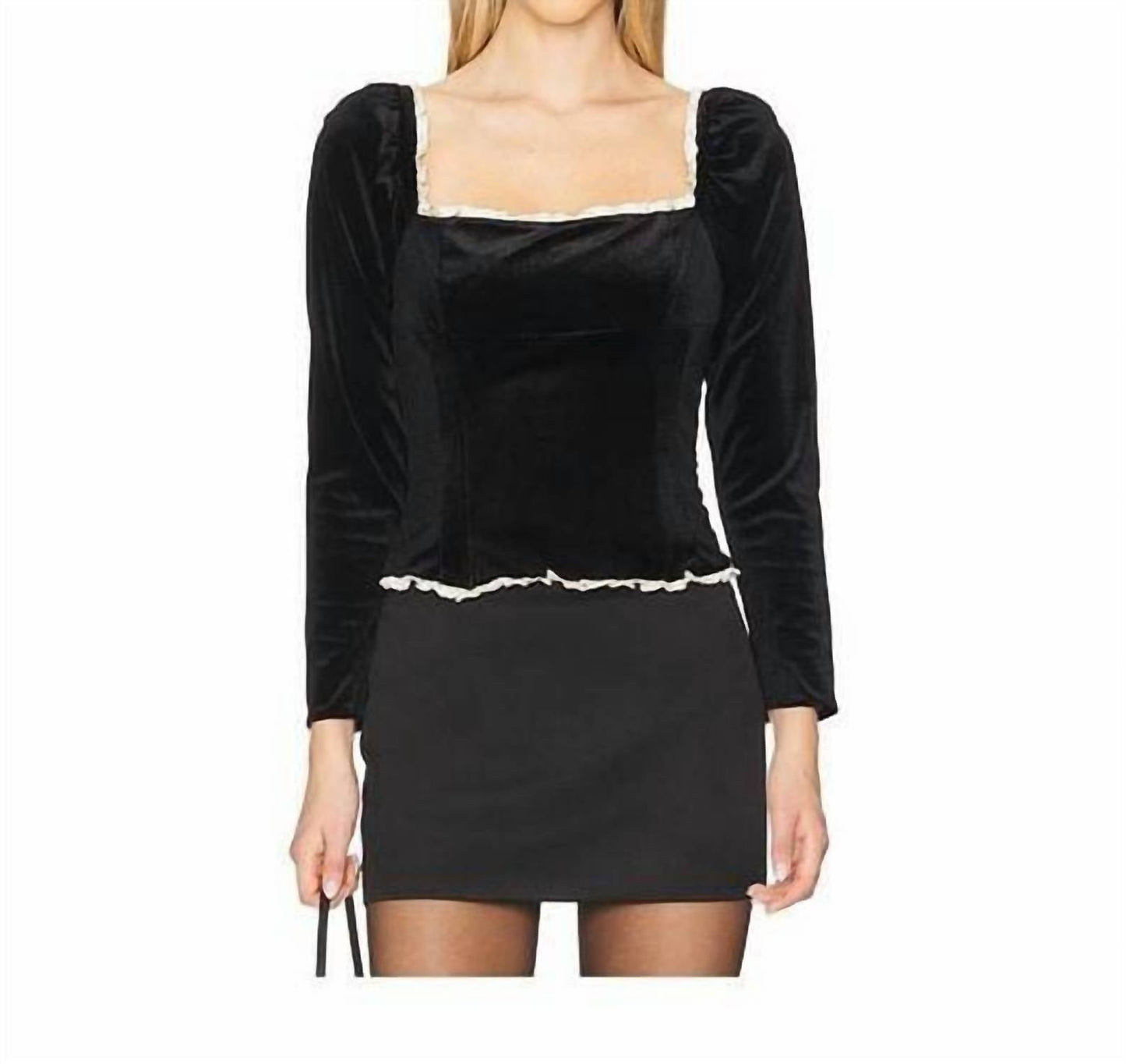 Astr - Elegant Velvet Squareneck Long Sleeve Top