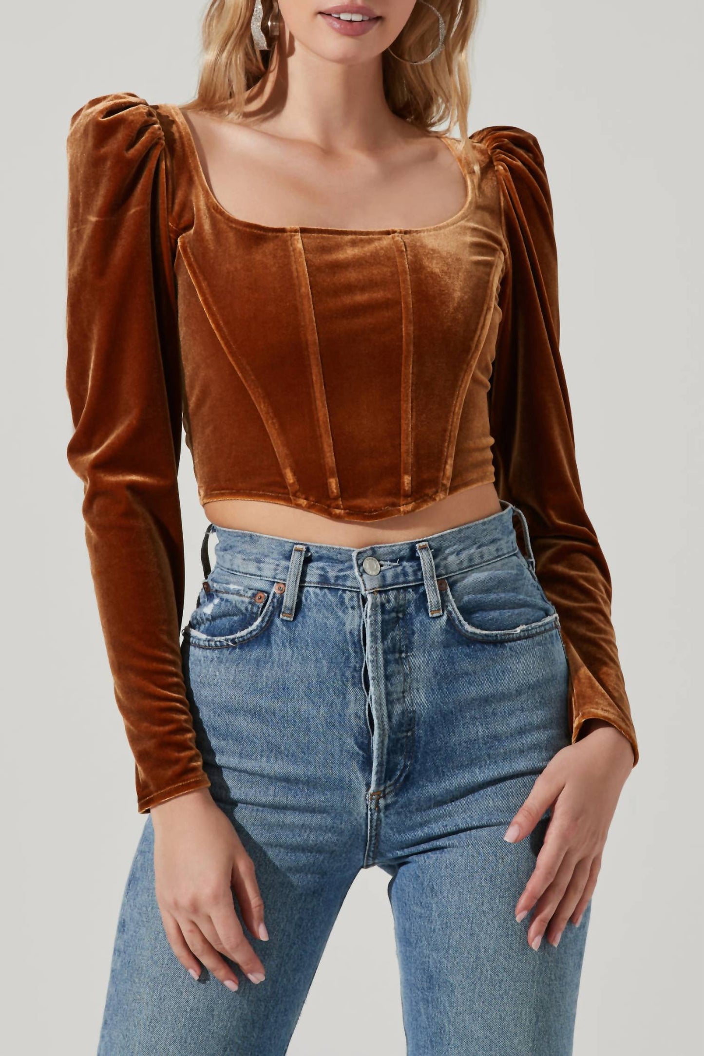 Astr - Velvet Long-sleeve Corset Top With Smocked Back