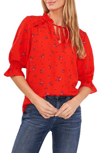 CeCe Floral Print Split Neck Blouse in Poppy Red, Size Large