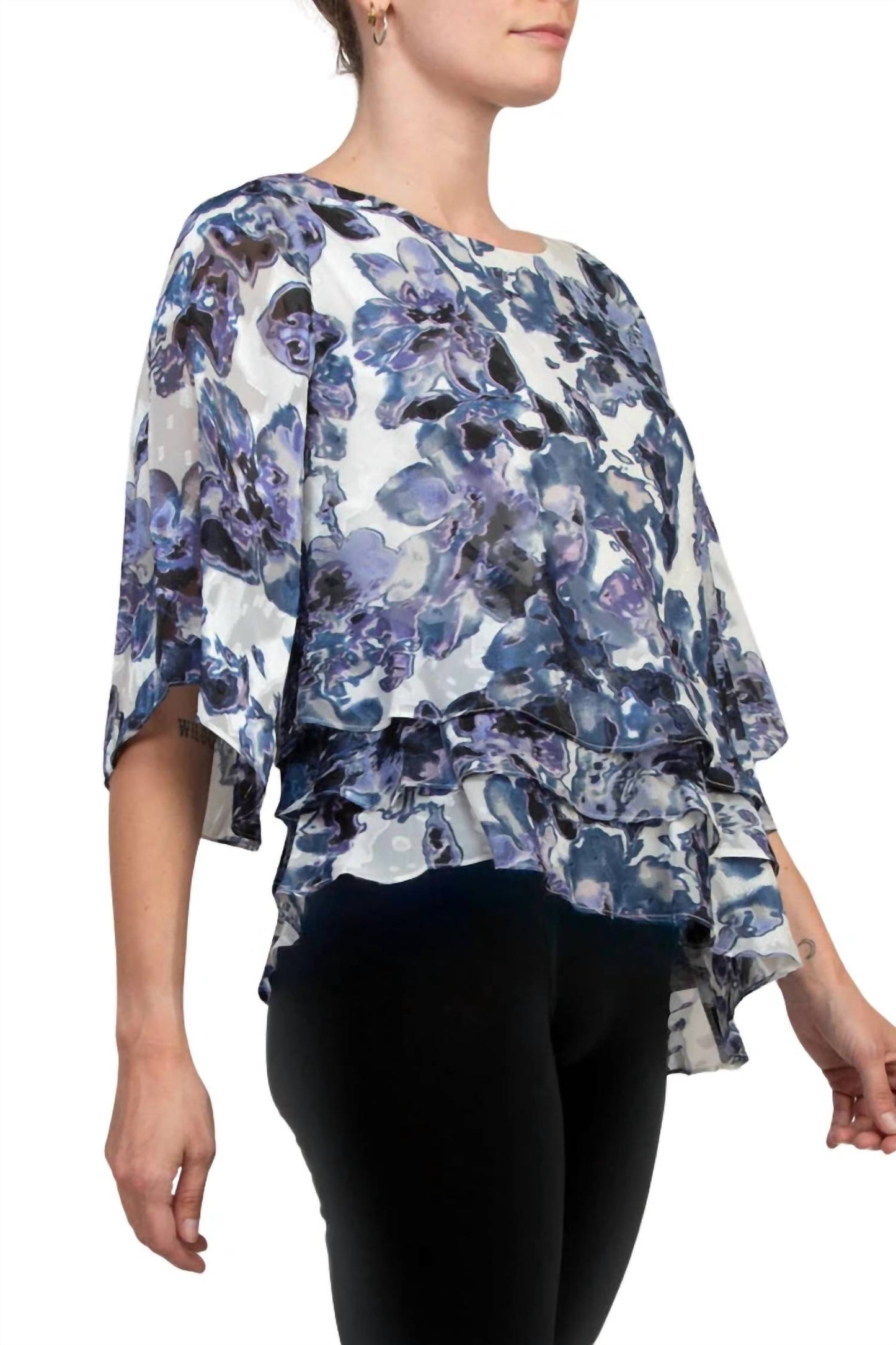 Alex Evenings - 3/4 Sleeve Asymmetrical Triple Tier Hem Chiffon Top