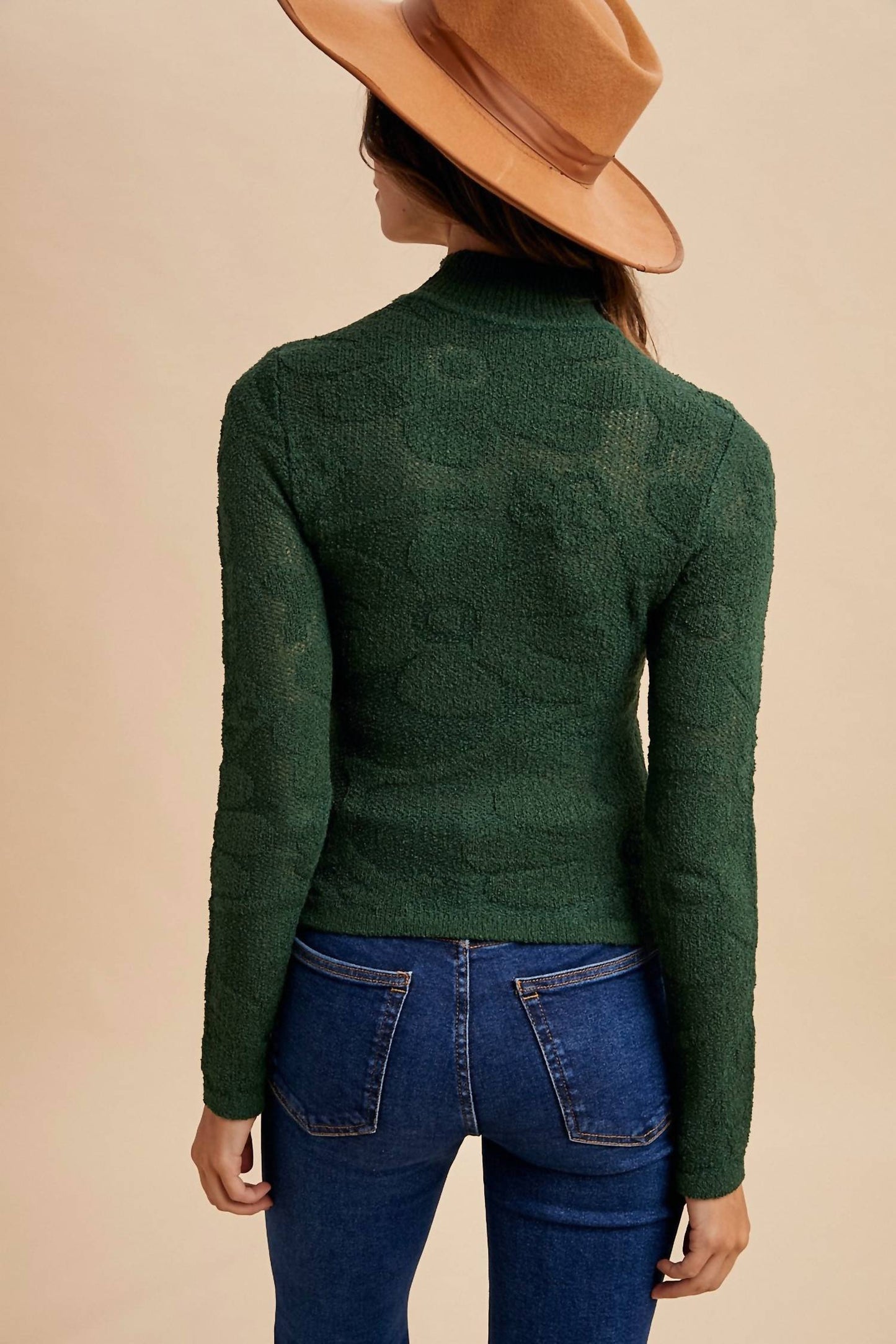 Anniewear - Floral Jacquard Mock Neck Sweater Top