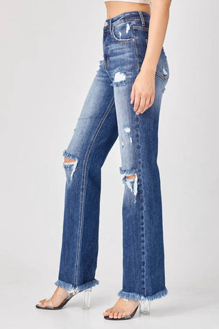Risen - Calça jeans reta com bainha crua e desgastada tamanho grande