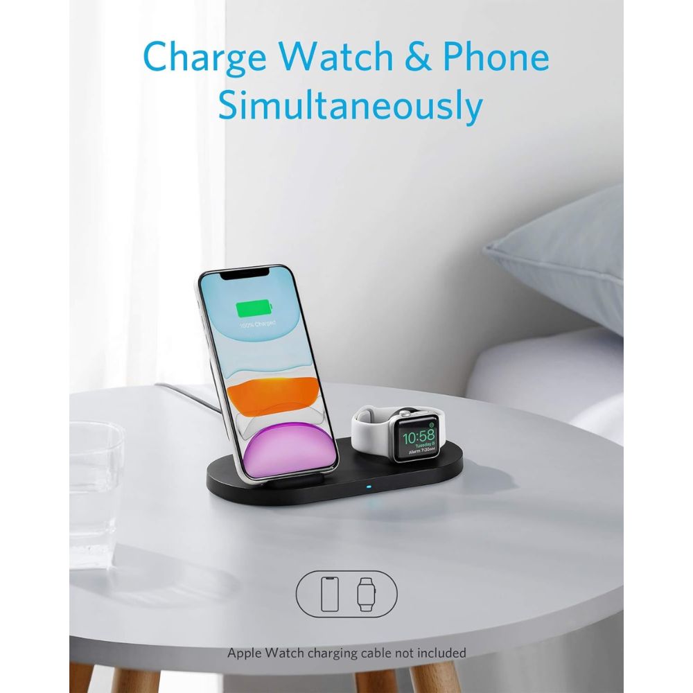 Estação de carregamento sem fio Anker com carregador QC PowerWave Sense 2 em 1 com suporte para carregamento de relógio para Apple Watch SE/6/5/4/3/2/1 iPhone SE 2020 11 11 Pro (cabo de carregamento de relógio não incluído)
