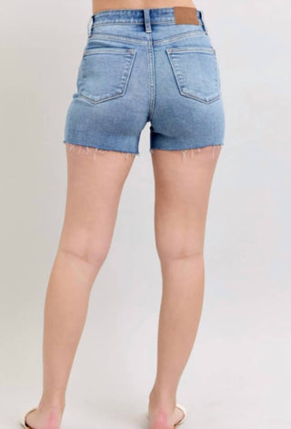 Judy Blue - High Waist Denim Shorts With Stitch Over Destroy Detail